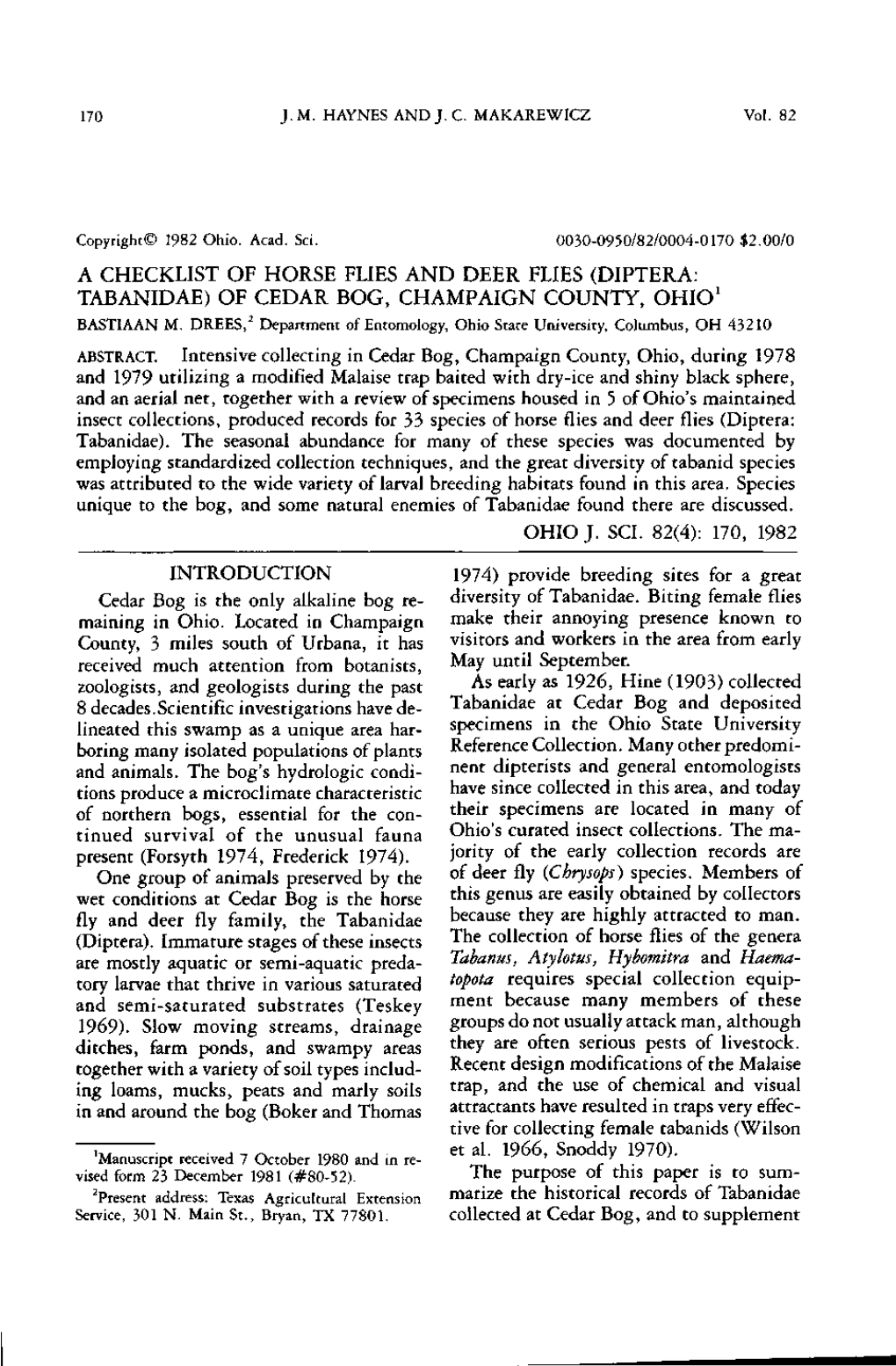 A Checklist of Horse Flies and Deer Flies (Diptera: Tabanidae) of Cedar Bog, Champaign County, Ohio1 Bastiaan M