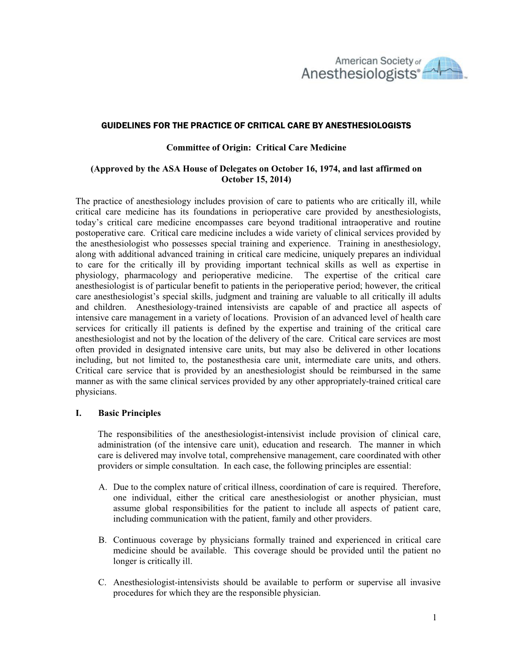 Guidelines for the Practice of Critical Care by Anesthesiologists