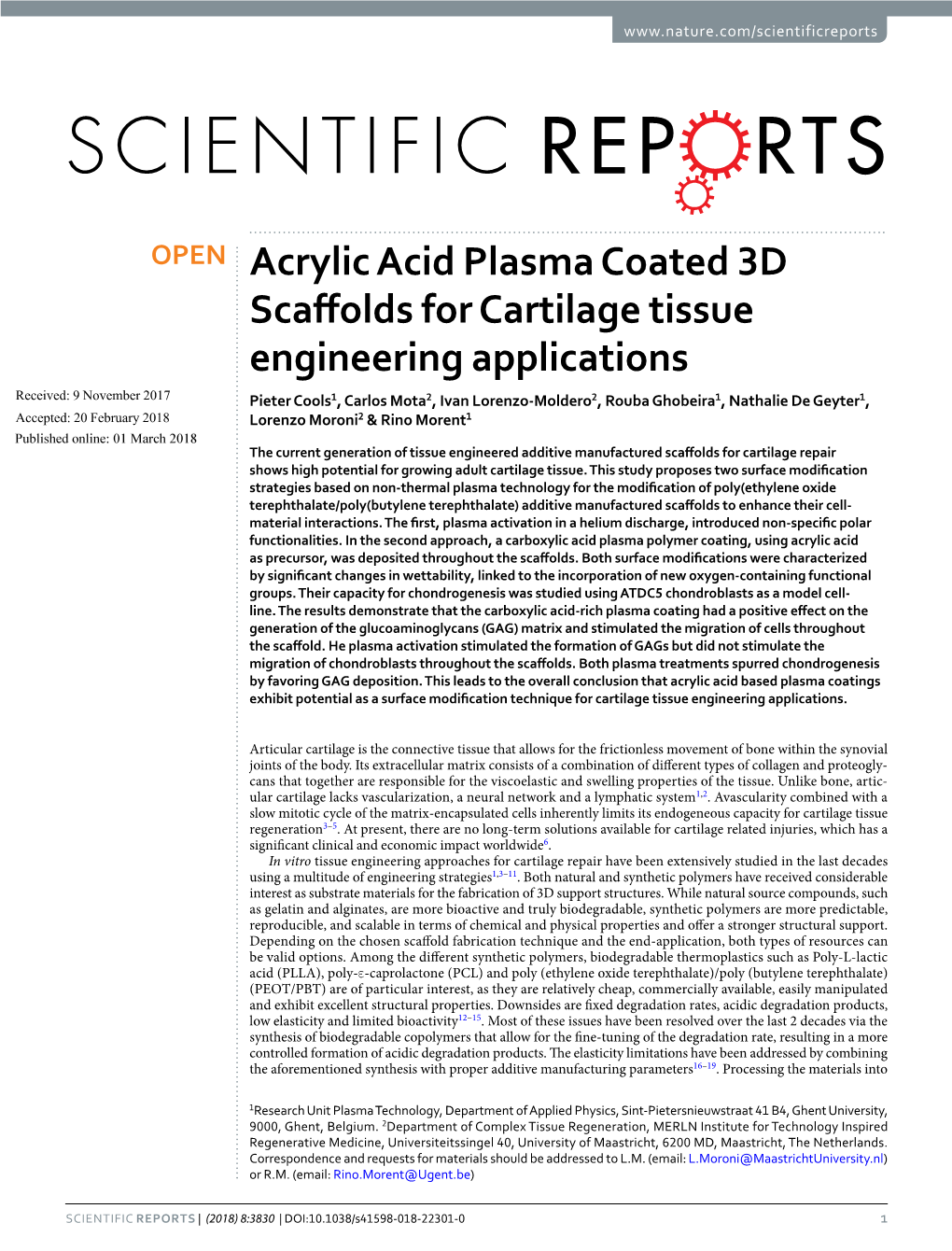 Acrylic Acid Plasma Coated 3D Scaffolds for Cartilage Tissue