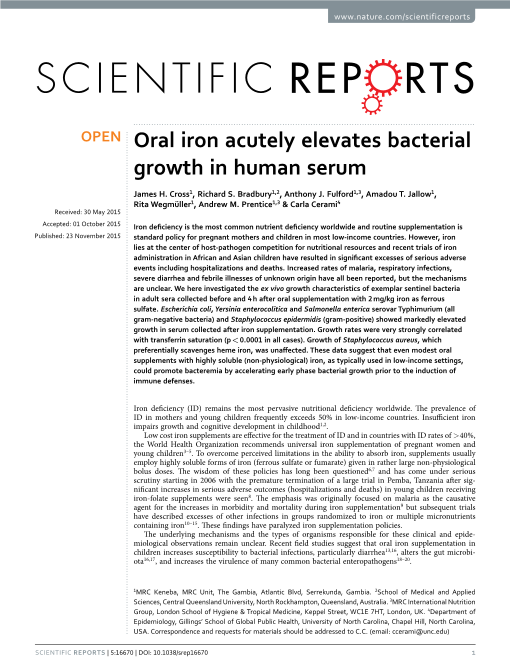 Oral Iron Acutely Elevates Bacterial Growth in Human Serum