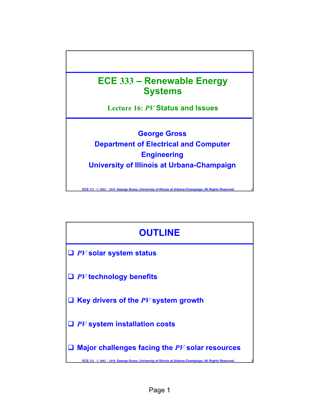 ECE 333 – Renewable Energy Systems OUTLINE