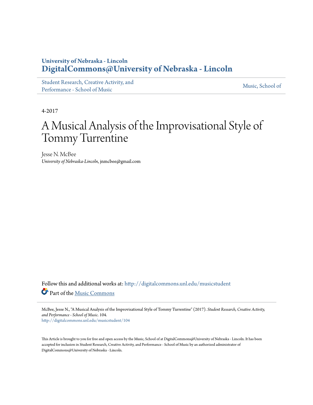 A Musical Analysis of the Improvisational Style of Tommy Turrentine Jesse N