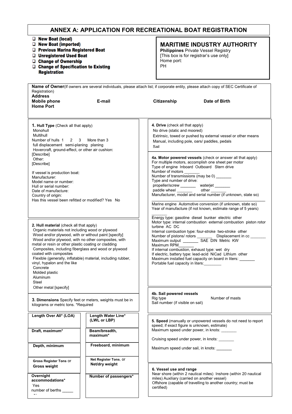 Application for Recreational Boat Registration