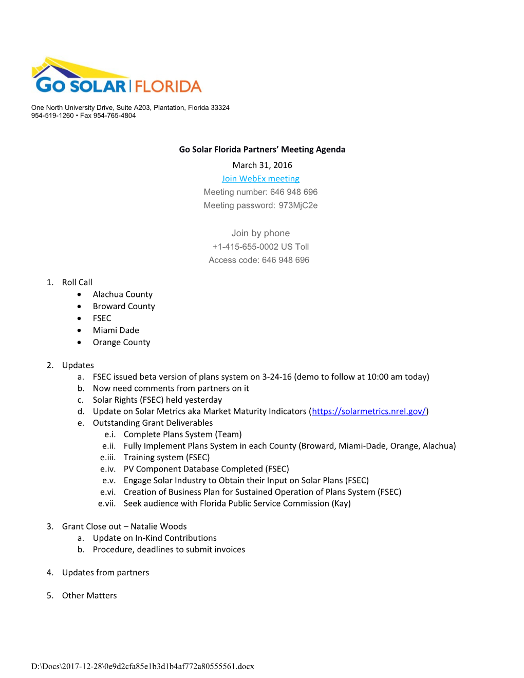Go Solar Florida Partners Meeting Agenda