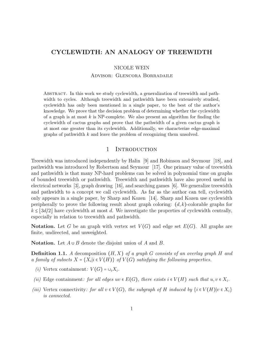 CYCLEWIDTH: an ANALOGY of TREEWIDTH 1 Introduction