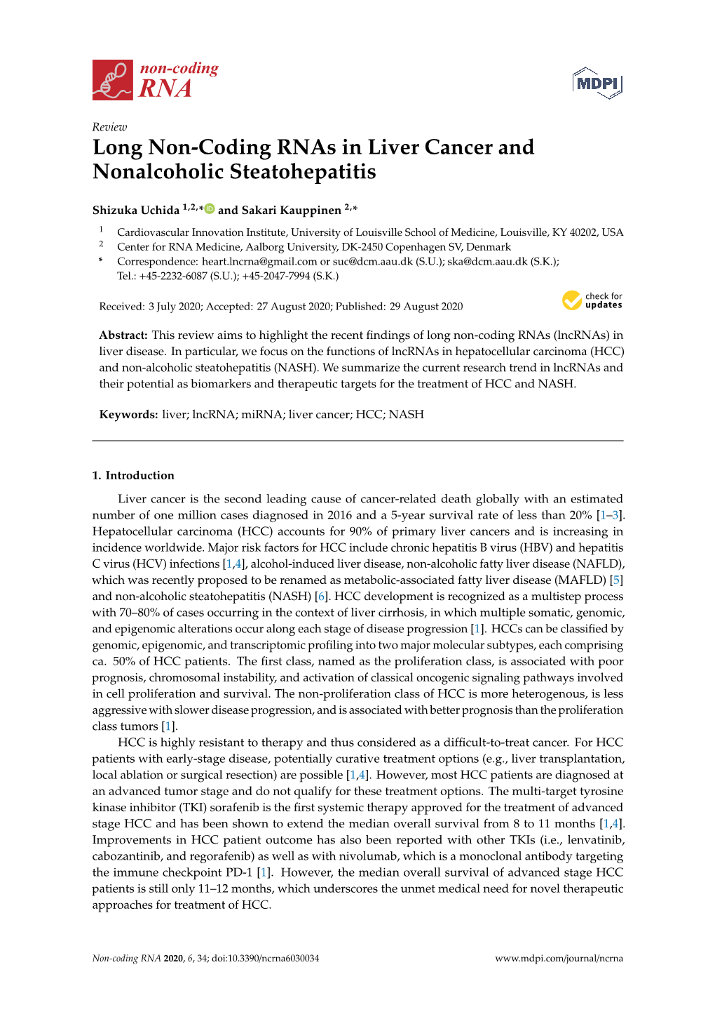 Long Non-Coding Rnas in Liver Cancer and Nonalcoholic Steatohepatitis