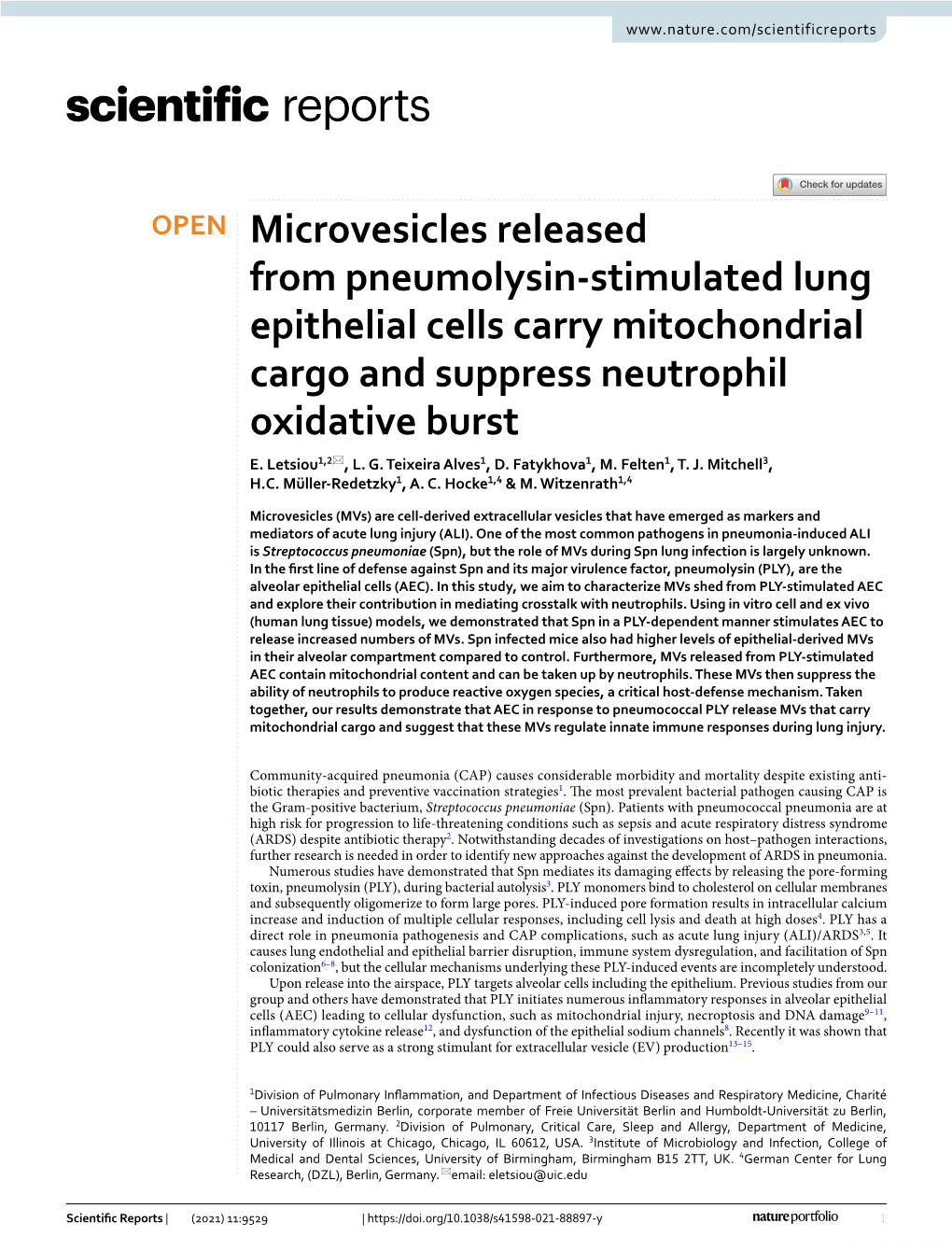 Microvesicles Released from Pneumolysin-Stimulated Lung