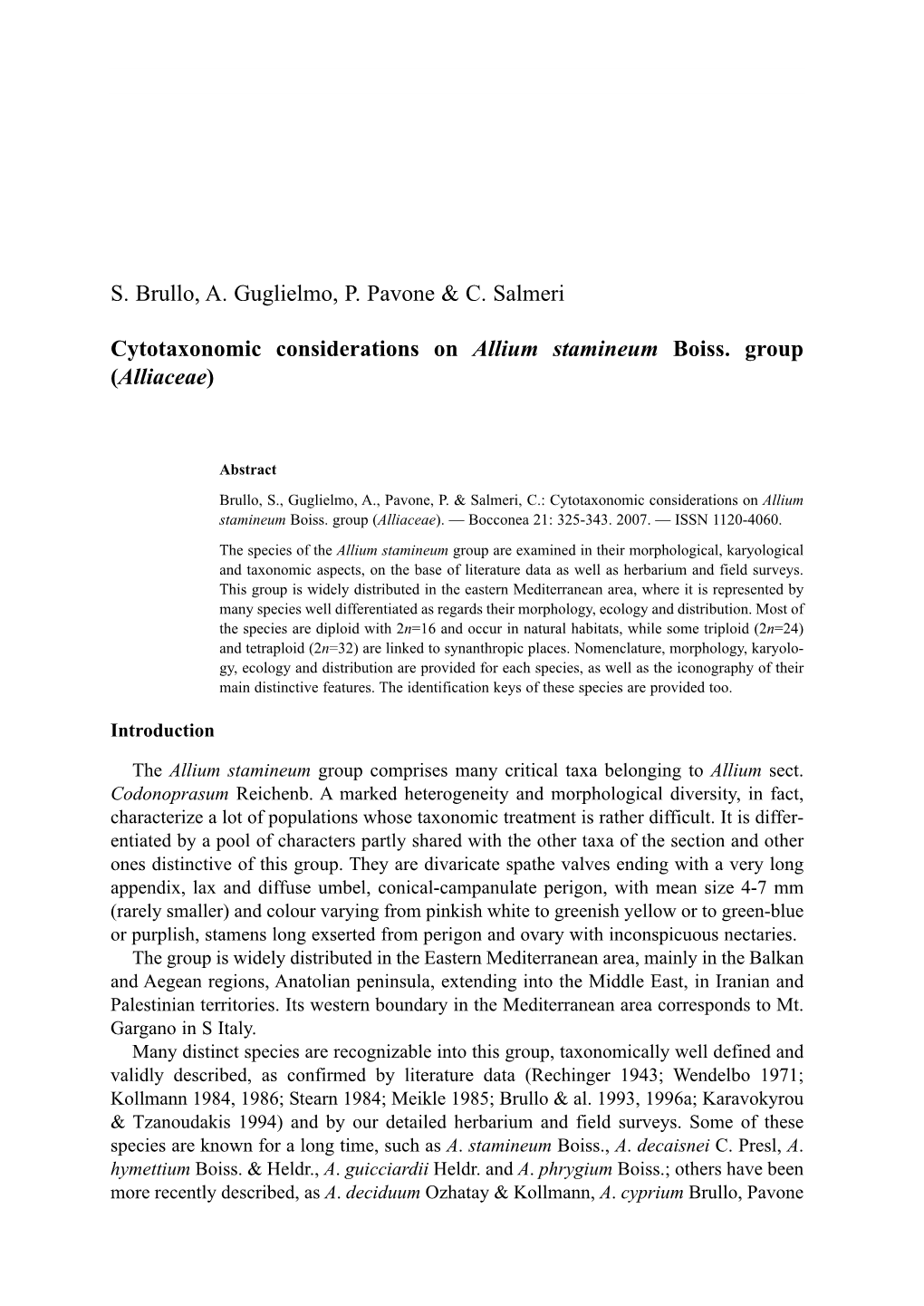 S. Brullo, A. Guglielmo, P. Pavone & C. Salmeri Cytotaxonomic