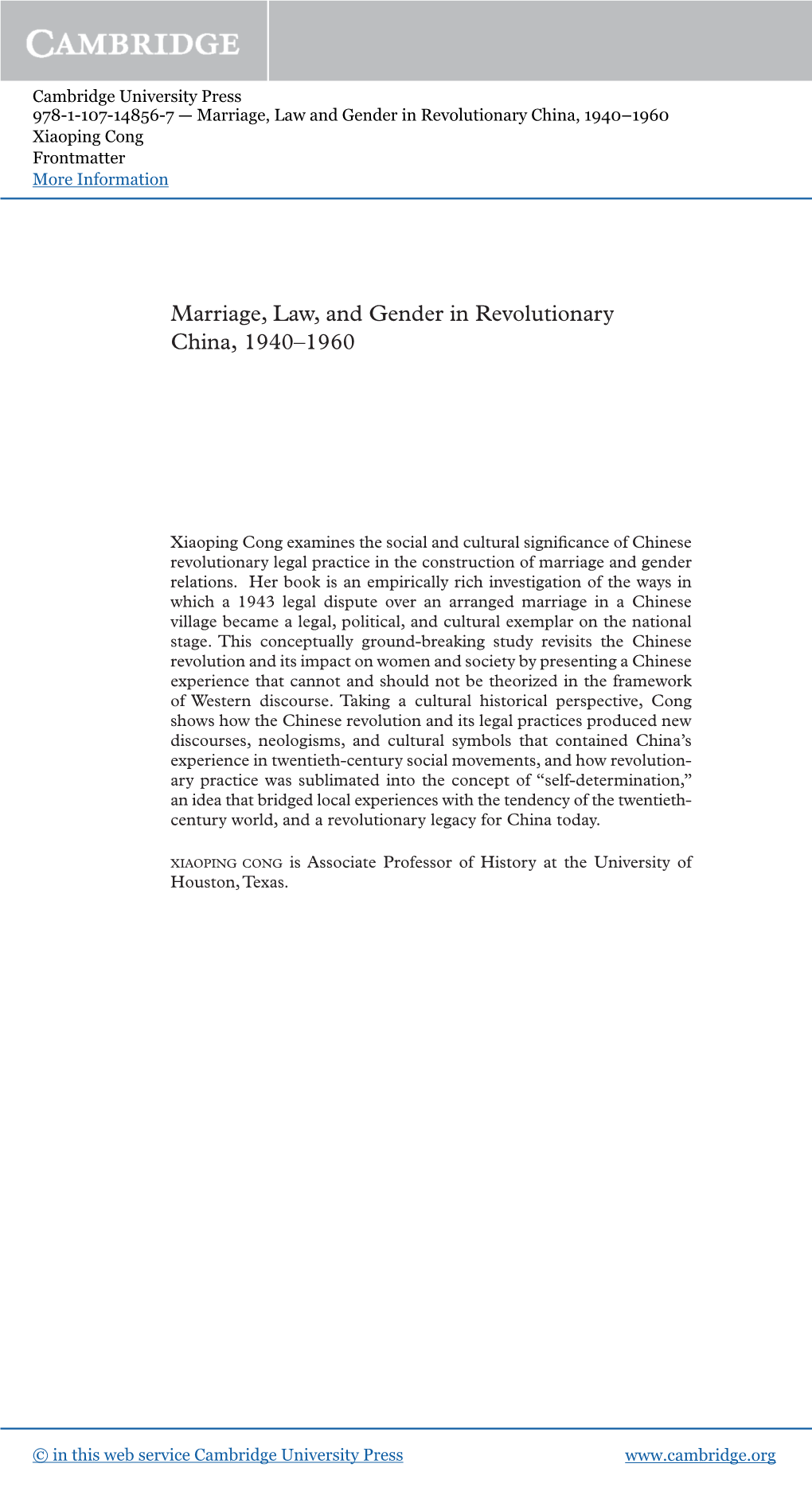 Marriage, Law, and Gender in Revolutionary China, 1940–1960