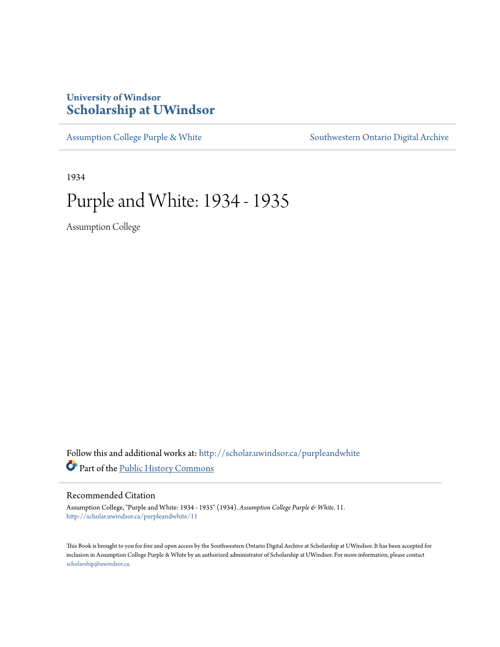 Purple and White: 1934 - 1935 Assumption College