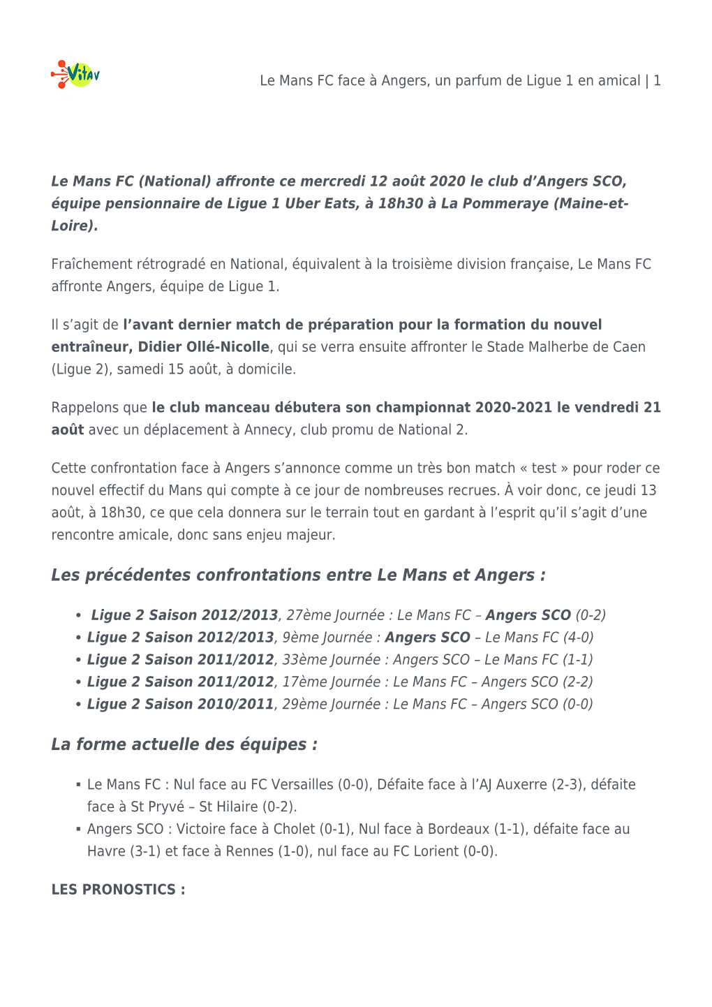 Le Mans FC Face À Angers, Un Parfum De Ligue 1 En Amical | 1