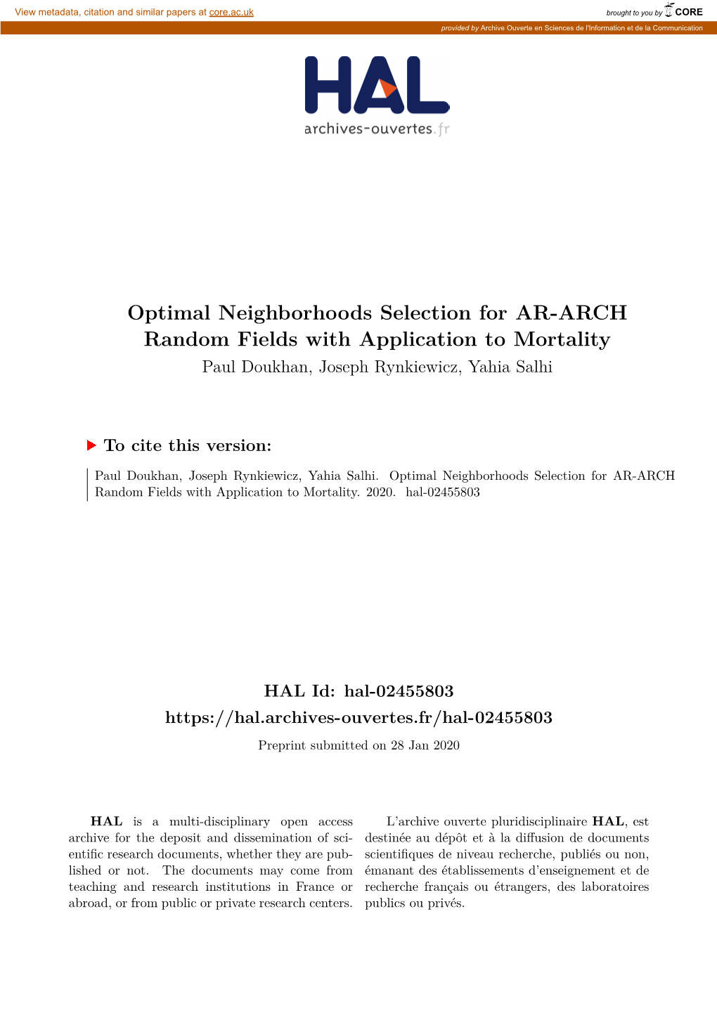 Optimal Neighborhoods Selection for AR-ARCH Random Fields with Application to Mortality Paul Doukhan, Joseph Rynkiewicz, Yahia Salhi