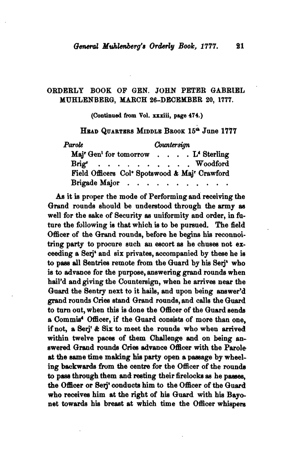 General Muhlenberg's Orderly Booh, 1777. 21 Maj* Gen1 for Tomorrow