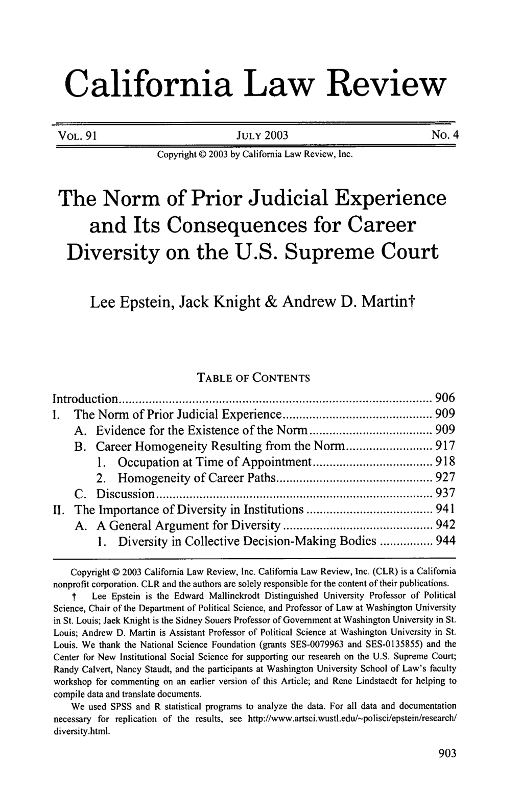 The Norm of Prior Judicial Experience and Its Consequences for Career Diversity on the U.S