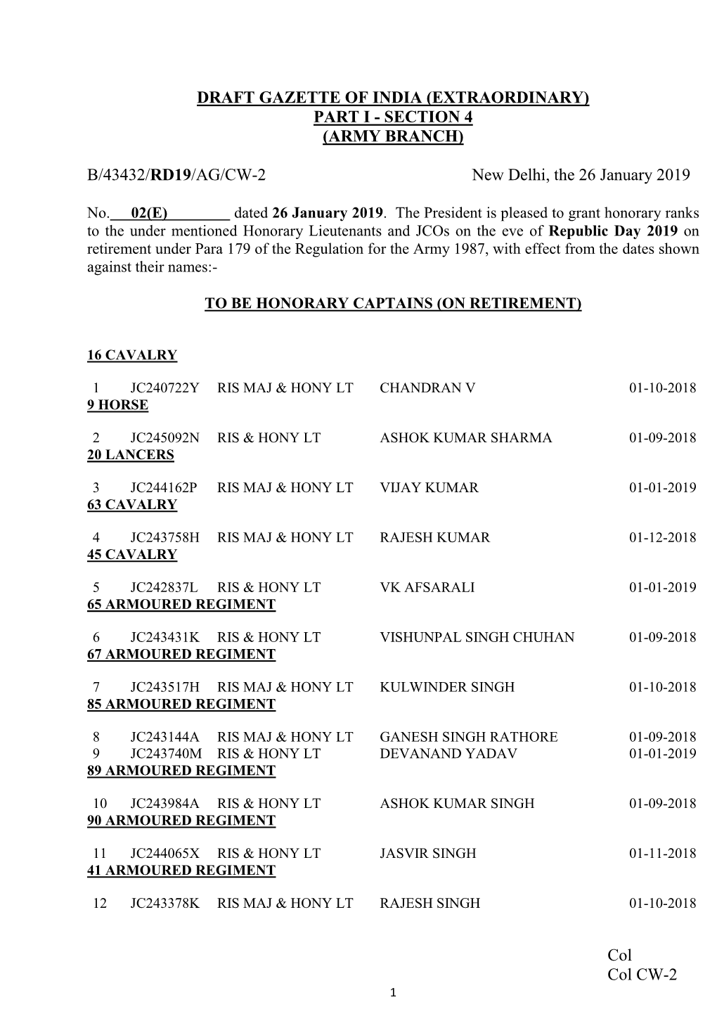 B/43432/RD19/AG/CW-2 New Delhi, the 26 January 2019