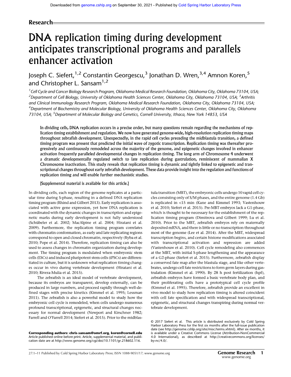 DNA Replication Timing During Development Anticipates Transcriptional Programs and Parallels Enhancer Activation