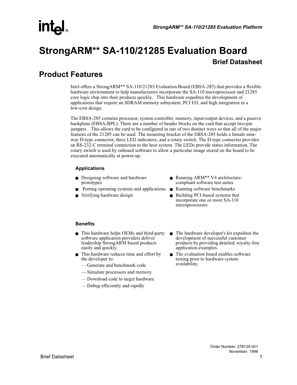 Strongarm** SA-110/21285 Evaluation Board Brief Datasheet Product Features