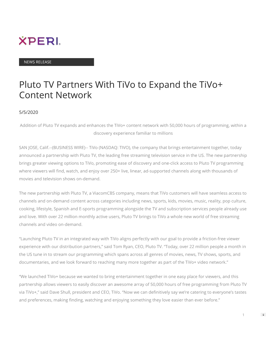 Pluto TV Partners with Tivo to Expand the Tivo+ Content Network