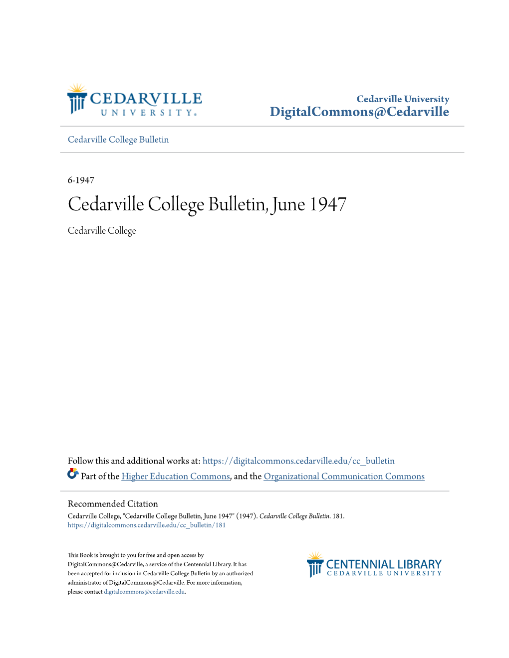 Cedarville College Bulletin, June 1947 Cedarville College