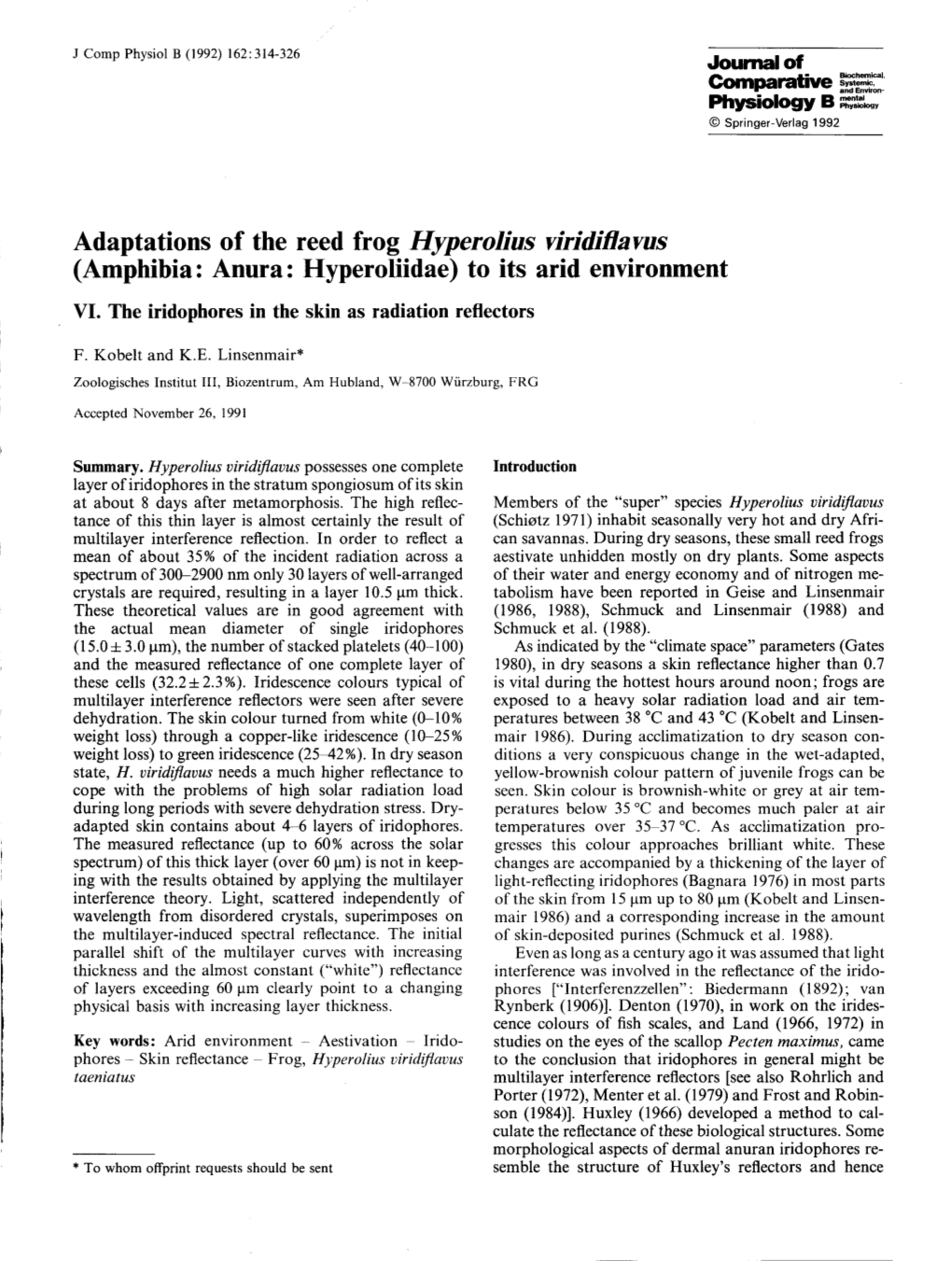 Adaptations of the Reed Frog Hyperolius Yiridibayus (Amphibia: Anura: Hyperoliidae) to Its Arid Environment