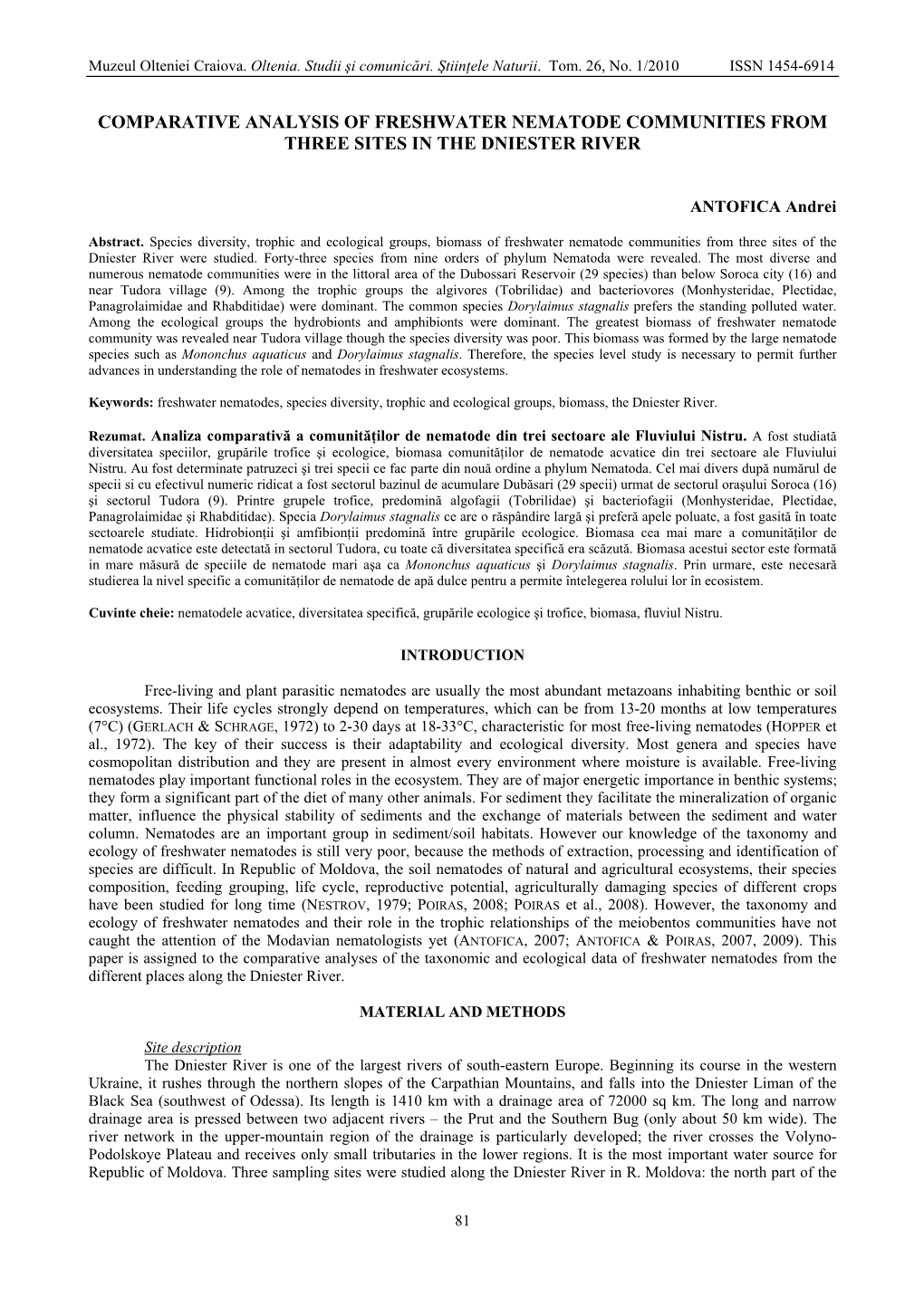 Comparative Analysis of Freshwater Nematode Communities from Three Sites in the Dniester River