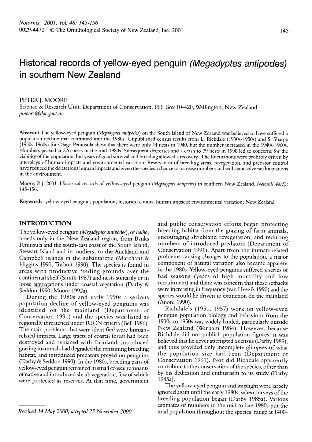 Historical Records of Yellow-Eyed Penguin (Megadyptes Antipodes) in Southern New Zealand