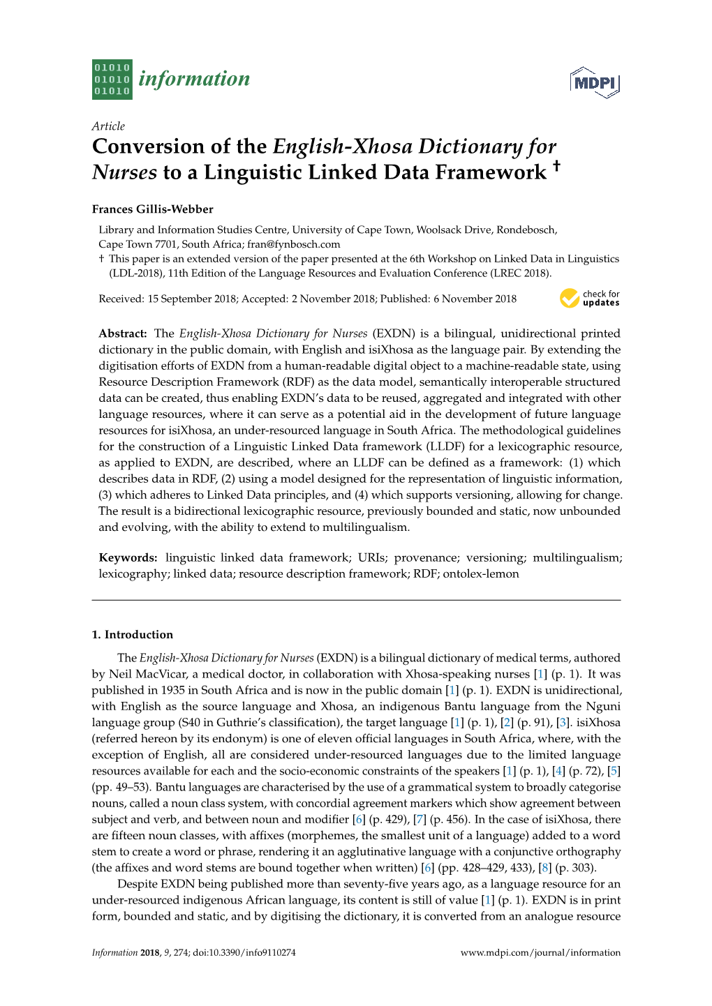 Conversion of the English-Xhosa Dictionary for Nurses to a Linguistic Linked Data Framework †