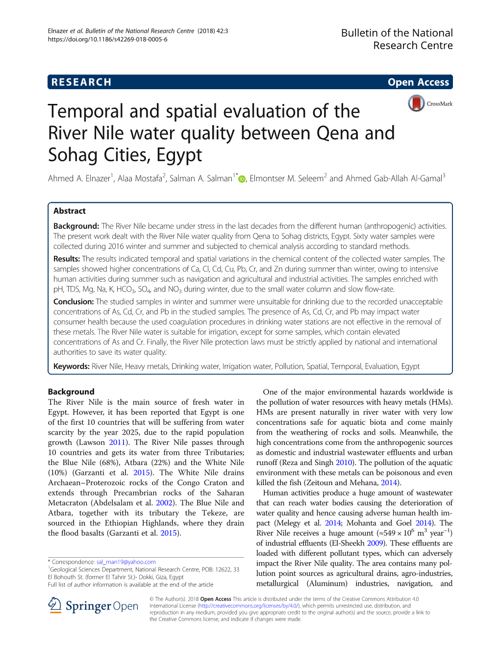 Temporal and Spatial Evaluation of the River Nile Water Quality Between Qena and Sohag Cities, Egypt Ahmed A