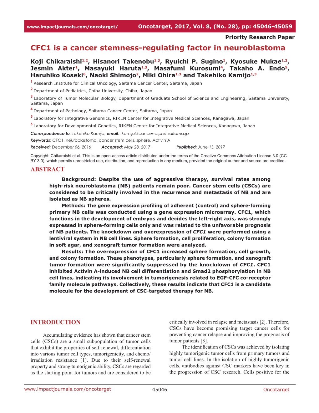 CFC1 Is a Cancer Stemness-Regulating Factor in Neuroblastoma