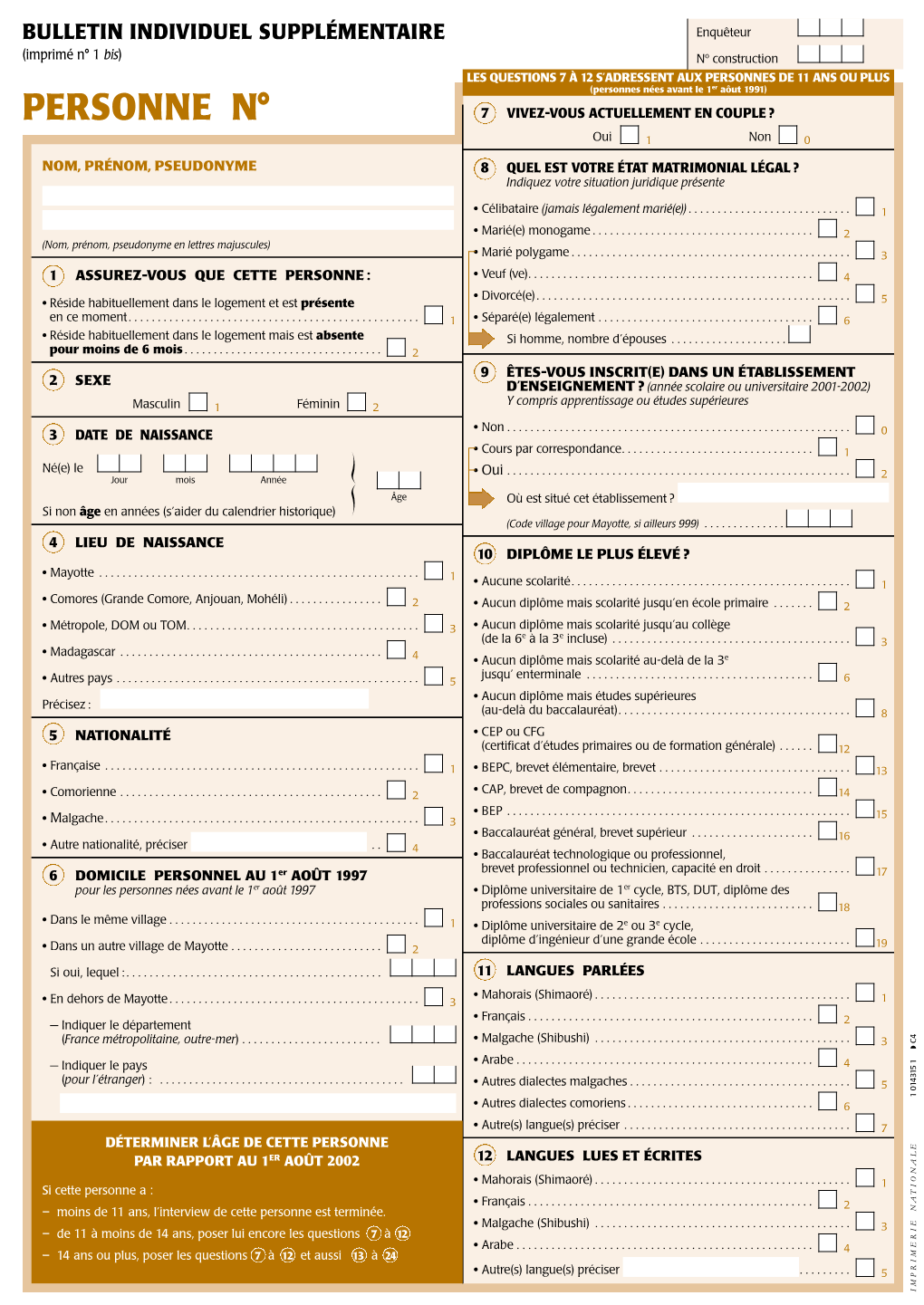 Mayotte, 2002: Enumeration Forms in French