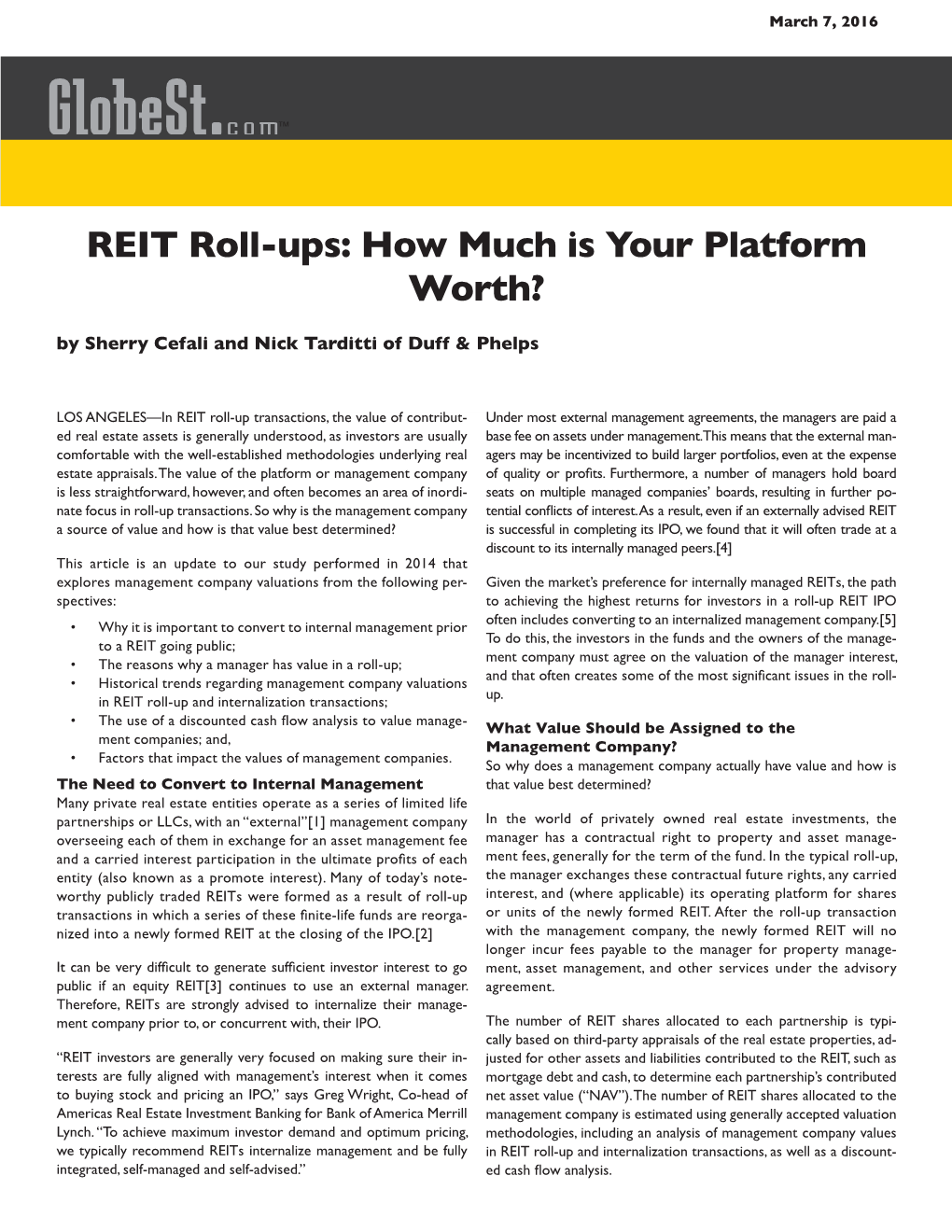 REIT Roll-Ups: How Much Is Your Platform Worth? by Sherry Cefali and Nick Tarditti of Duff & Phelps