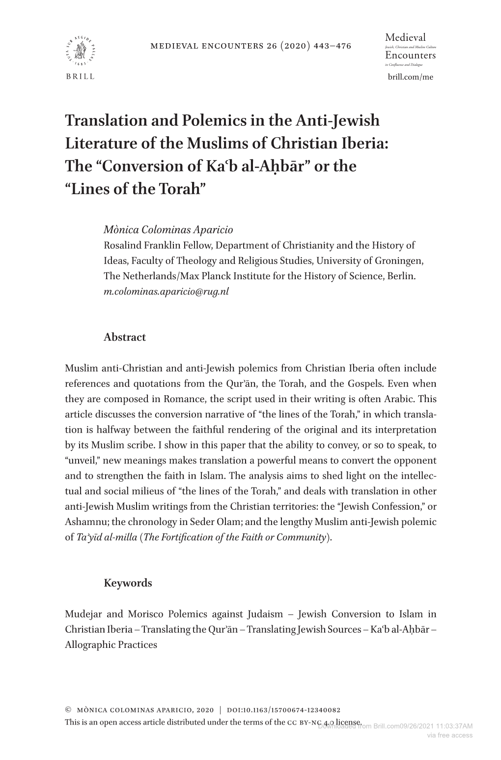 Translation and Polemics in the Anti-Jewish Literature of the Muslims of Christian Iberia: the “Conversion of Kaʿb Al-Aḥbār” Or the “Lines of the Torah”