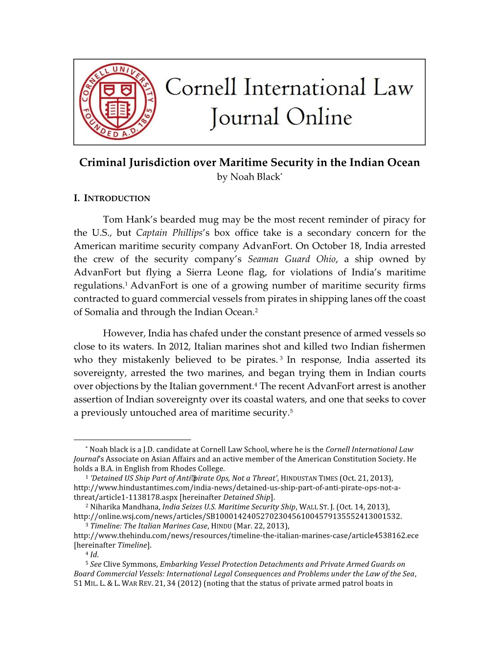Criminal Jurisdiction Over Maritime Security in the Indian Ocean by Noah Black*