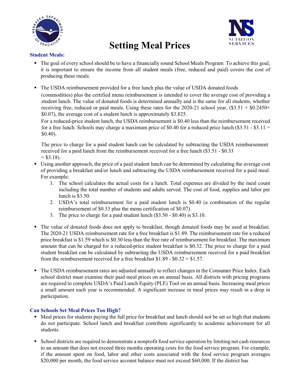 Setting Meal Prices Student Meals