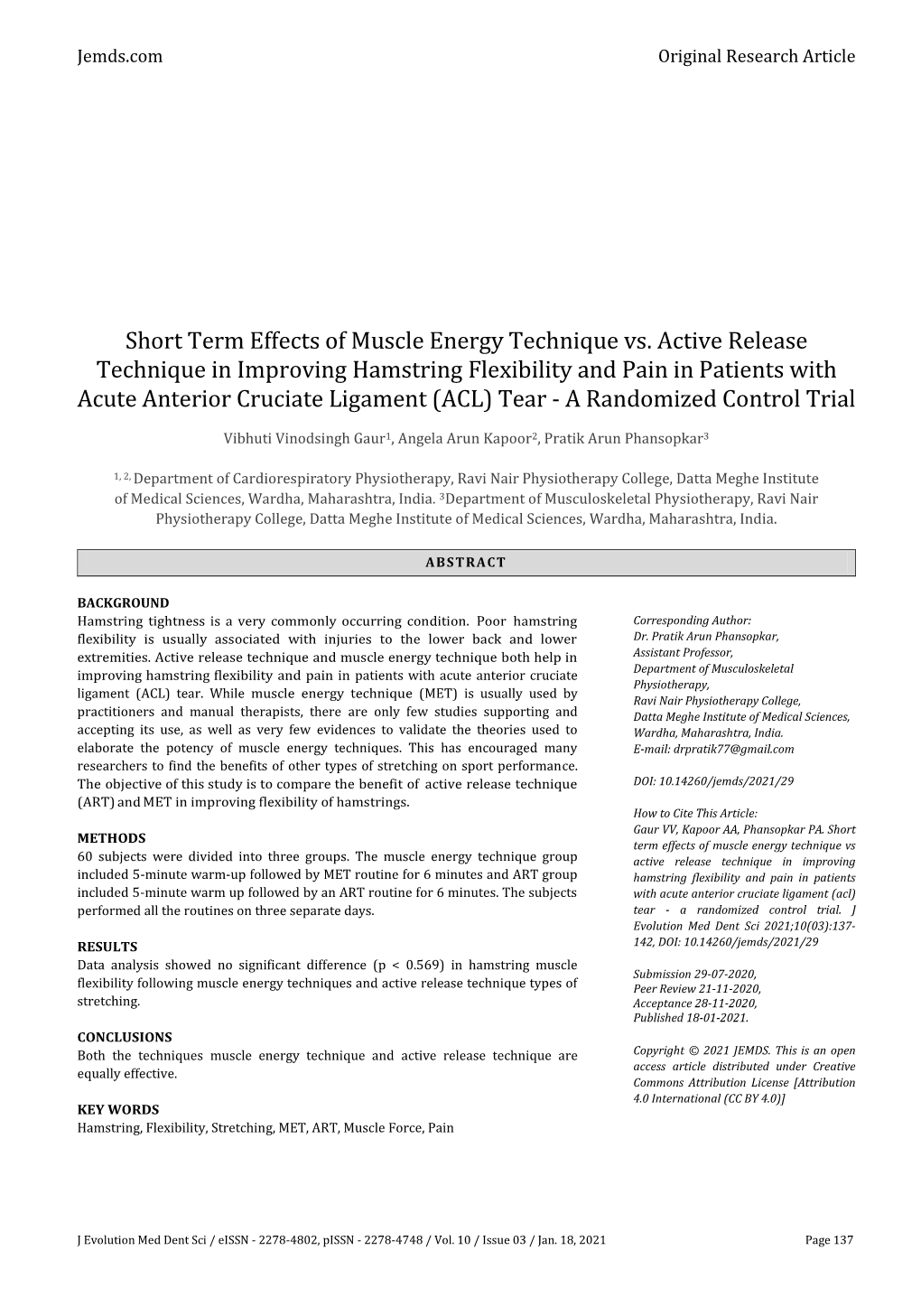 Short Term Effects of Muscle Energy Technique Vs. Active Release Technique in Improving Hamstring Flexibility and Pain in Patien