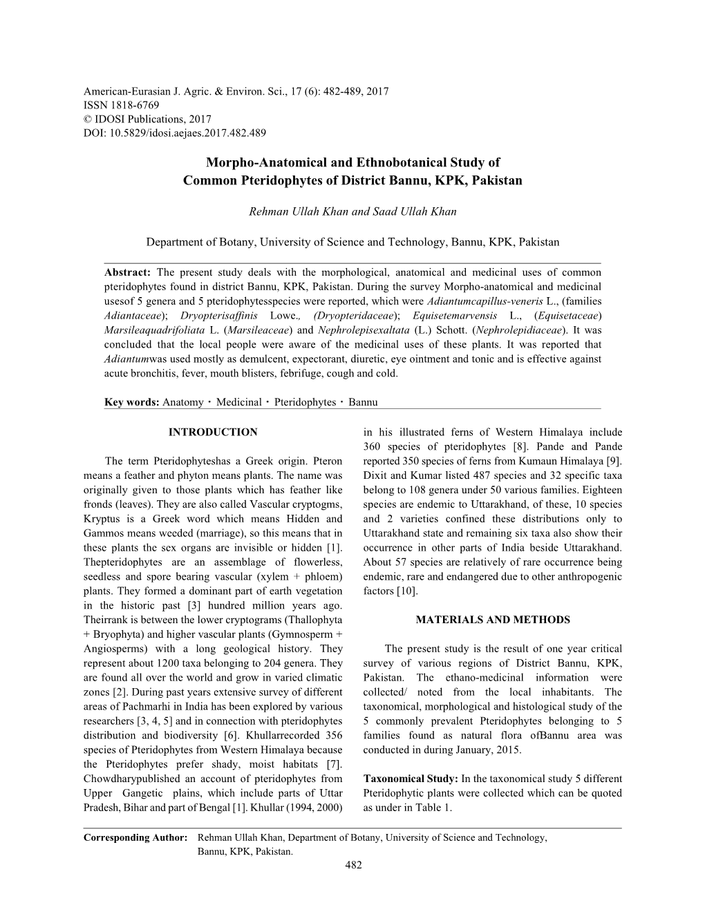 Morpho-Anatomical and Ethnobotanical Study of Common Pteridophytes of District Bannu, KPK, Pakistan