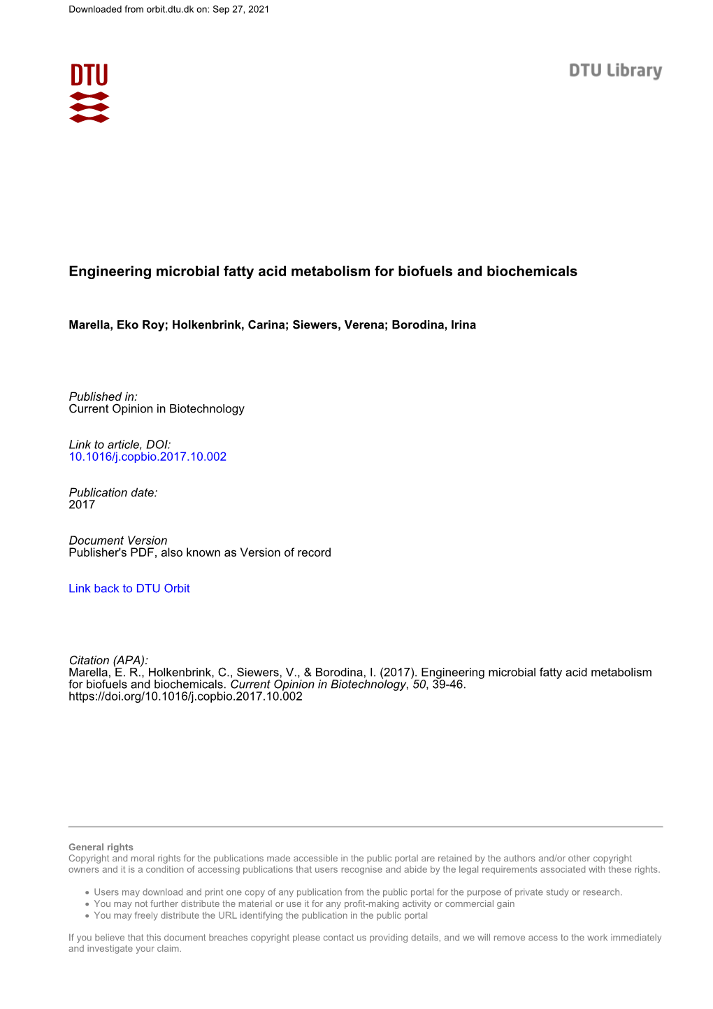 Engineering Microbial Fatty Acid Metabolism for Biofuels and Biochemicals