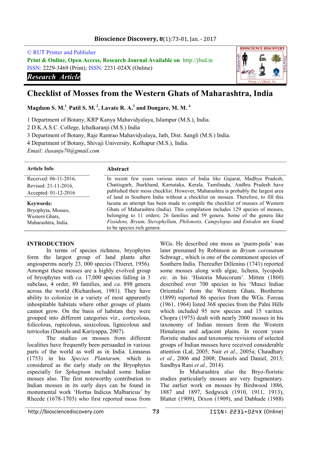 Checklist of Mosses from the Western Ghats of Maharashtra, India