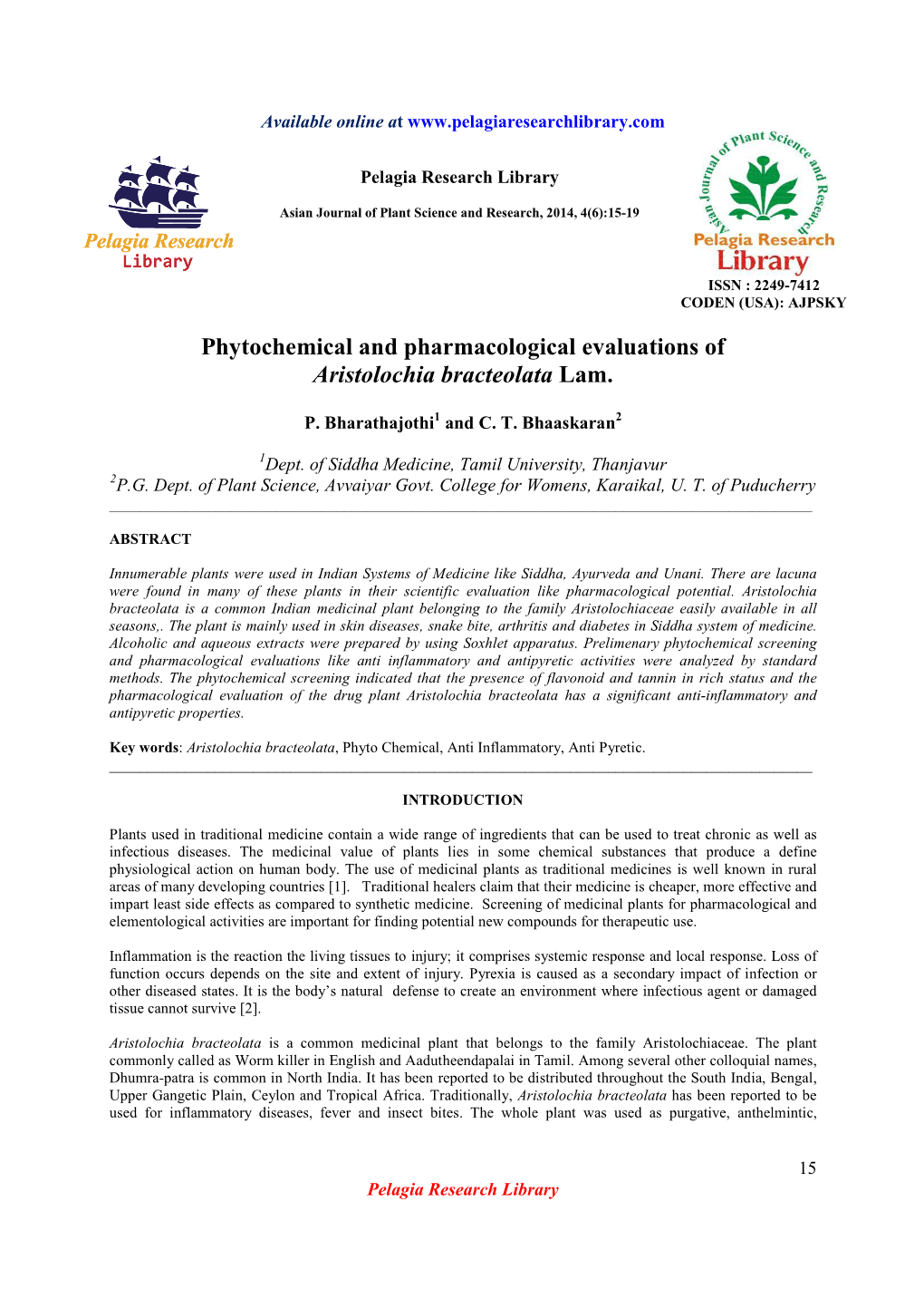 Phytochemical and Pharmacological Evaluations of Aristolochia Bracteolata Lam