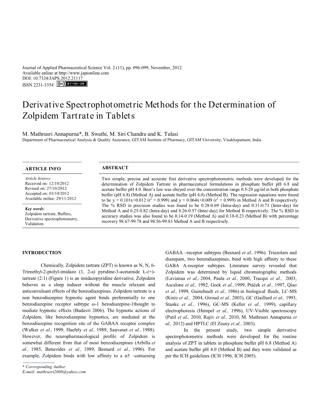 Derivative Spectrophotometric Methods for the Determination of Zolpidem Tartrate in Tablets