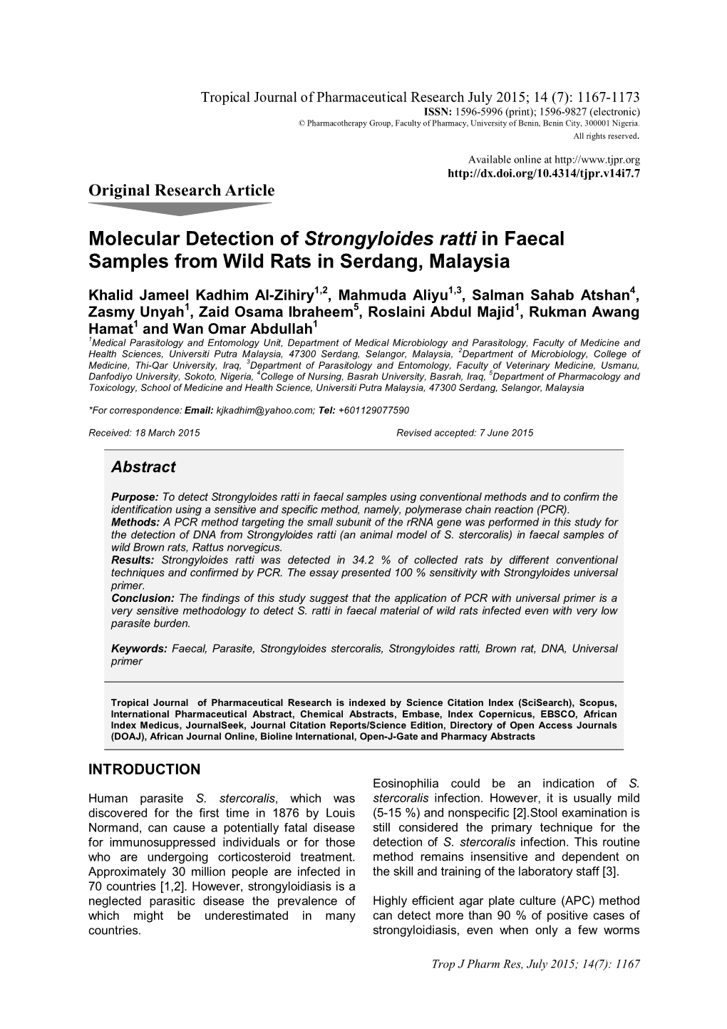 Molecular Detection of Strongyloides Ratti in Faecal Samples from Wild Rats in Serdang, Malaysia