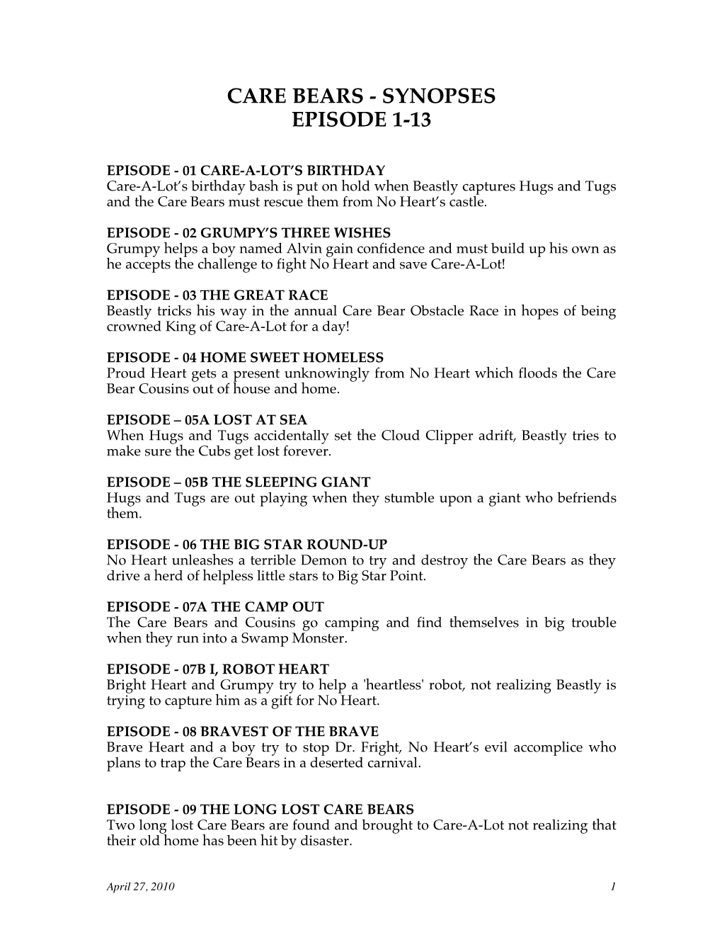 Care Bears - Synopses Episode 1-13