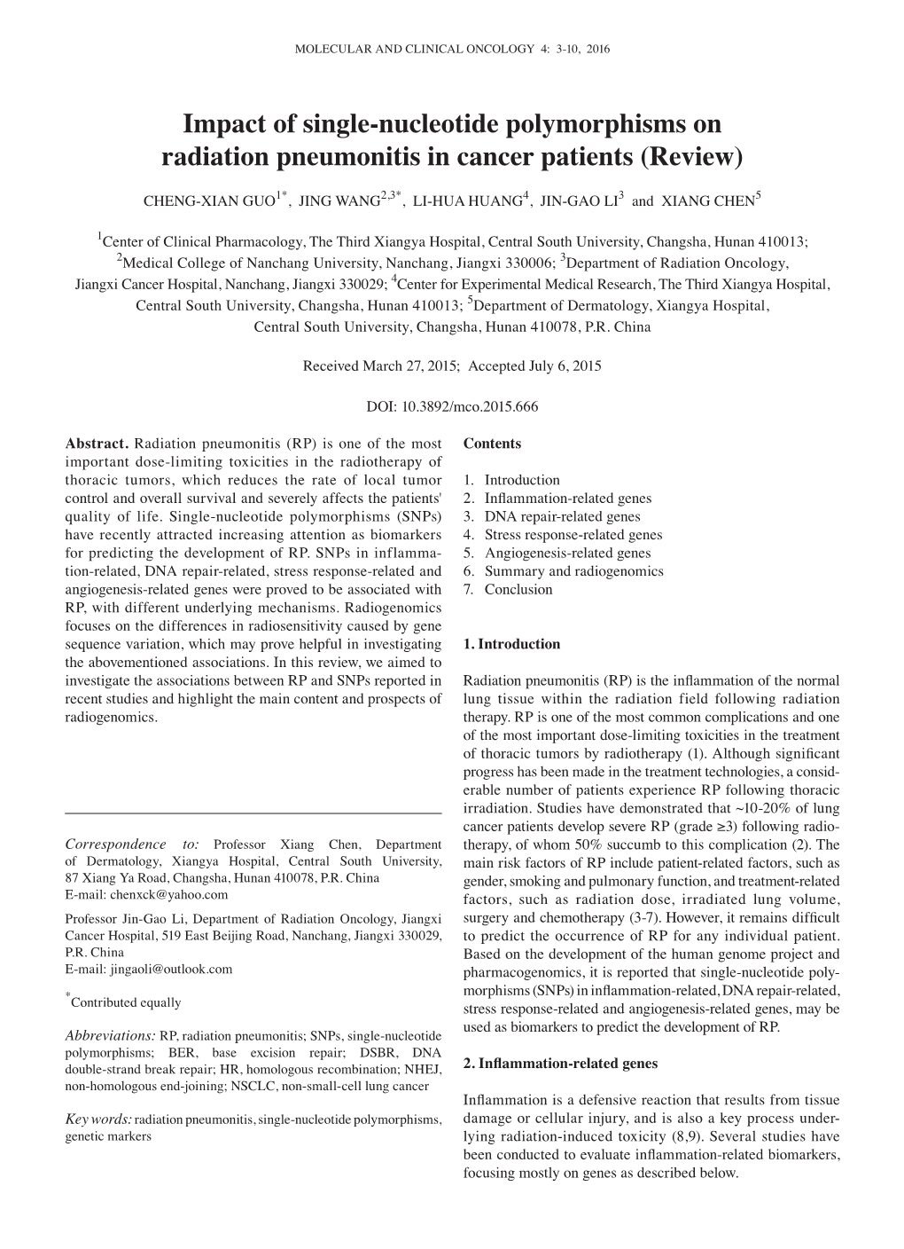 Impact of Single‑Nucleotide Polymorphisms on Radiation Pneumonitis in Cancer Patients (Review)