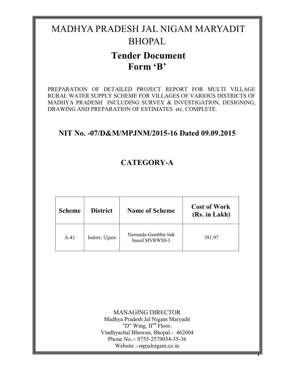 MADHYA PRADESH JAL NIGAM MARYADIT BHOPAL Tender Document Form ‘B’