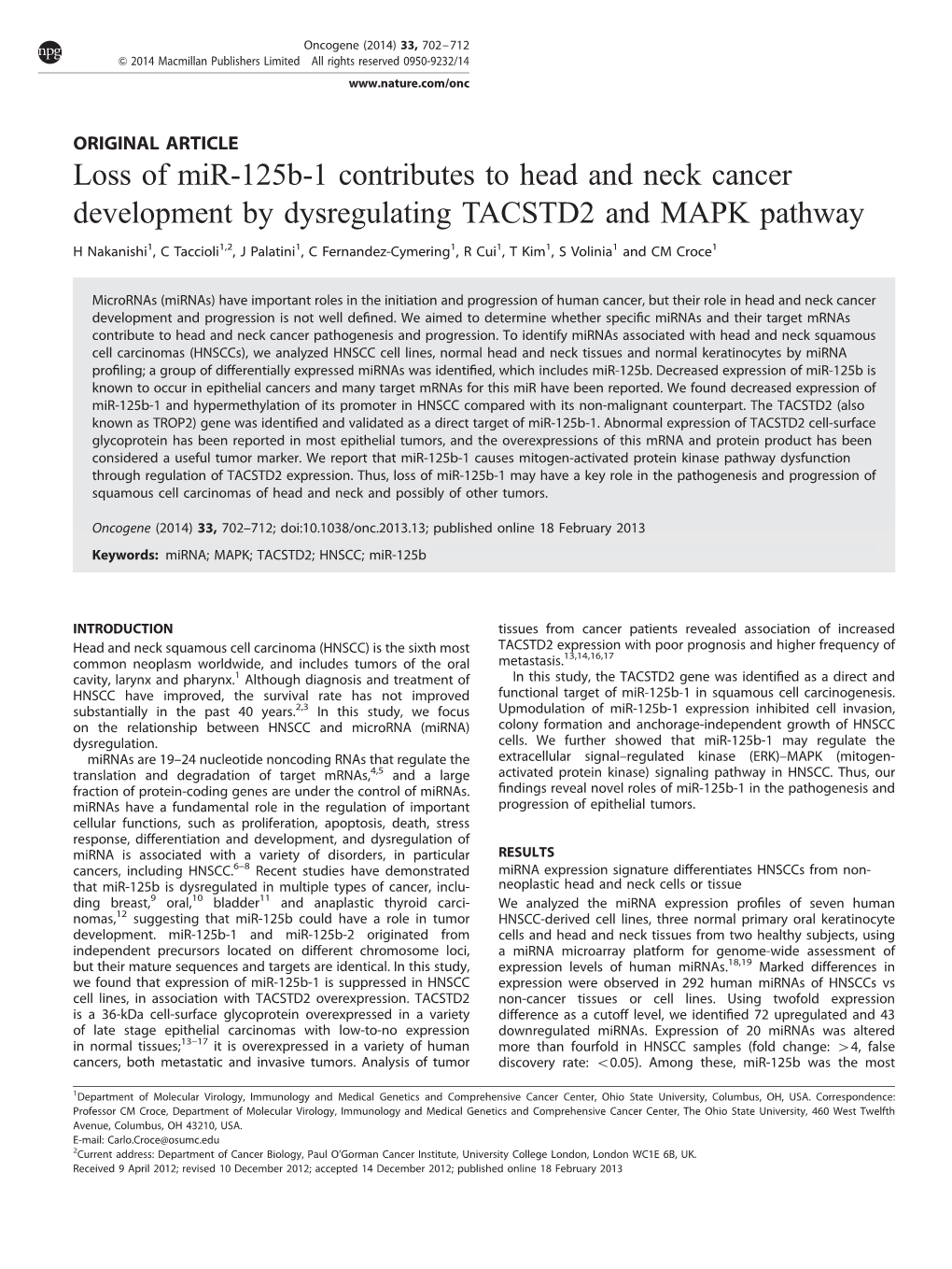 Loss of Mir-125B-1 Contributes to Head and Neck Cancer Development by Dysregulating TACSTD2 and MAPK Pathway