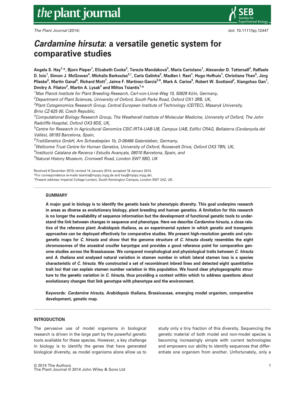 Cardamine Hirsuta: a Versatile Genetic System for Comparative Studies