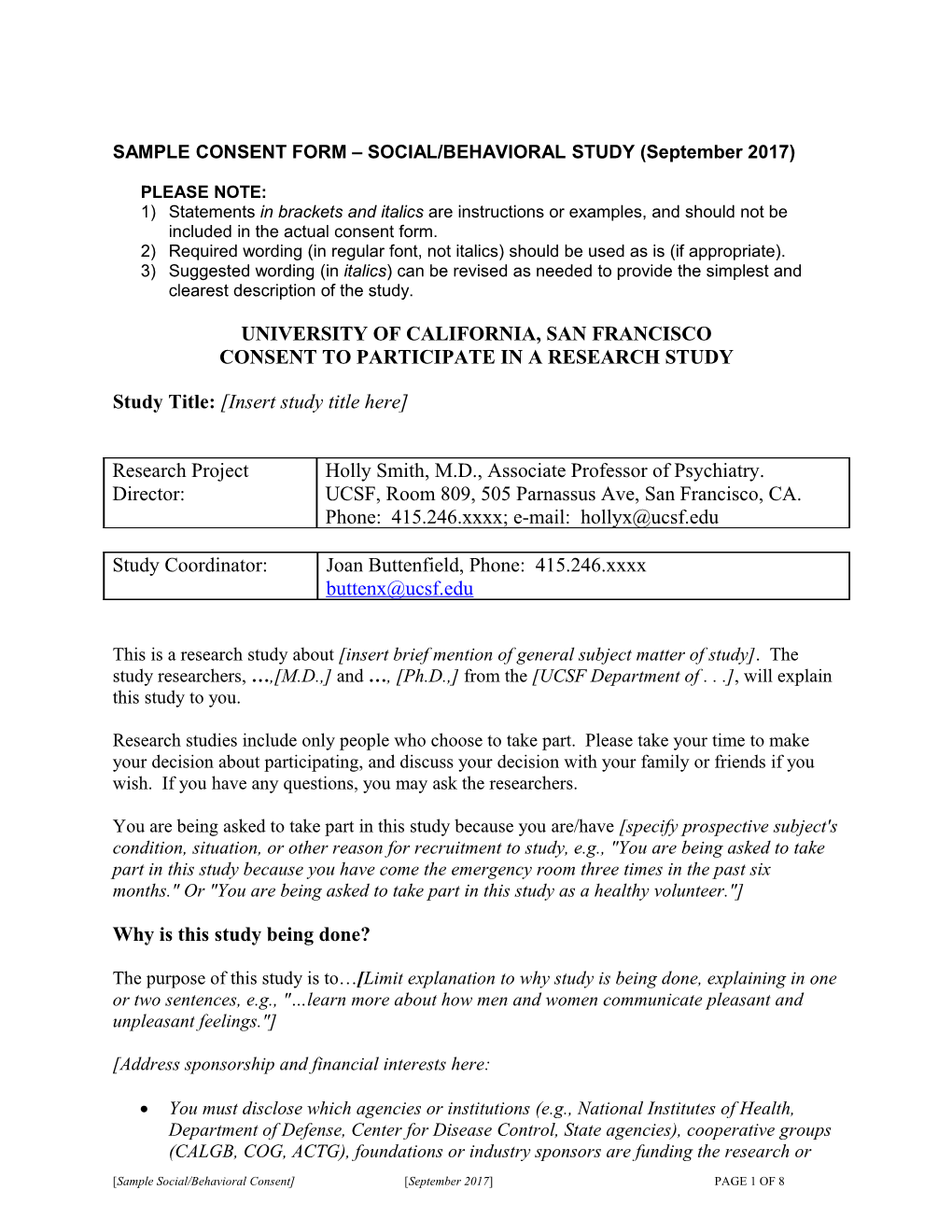 SAMPLE CONSENT FORM SOCIAL/BEHAVIORAL STUDY (September 2017)