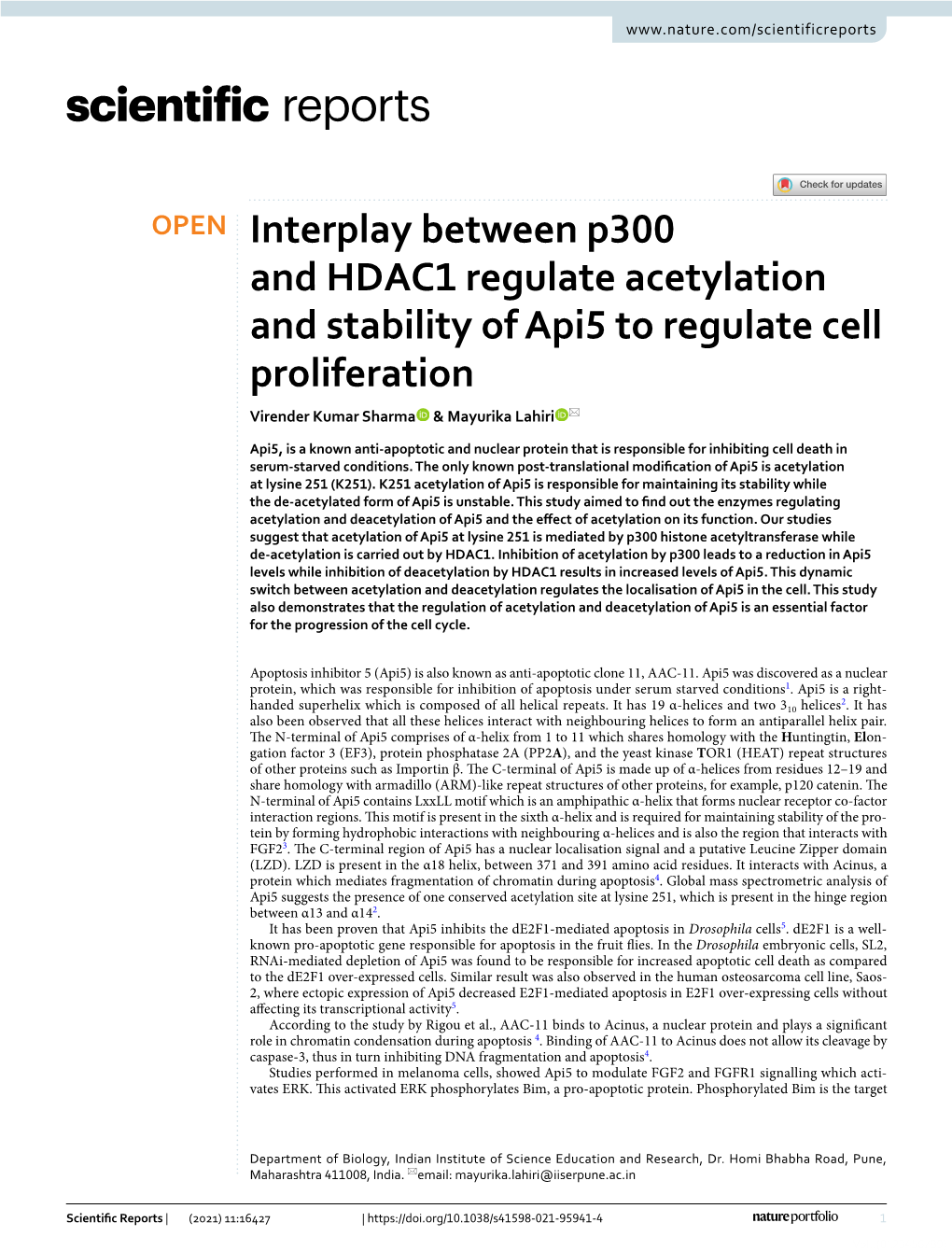 Interplay Between P300 and HDAC1 Regulate Acetylation and Stability of Api5 to Regulate Cell Proliferation Virender Kumar Sharma & Mayurika Lahiri *