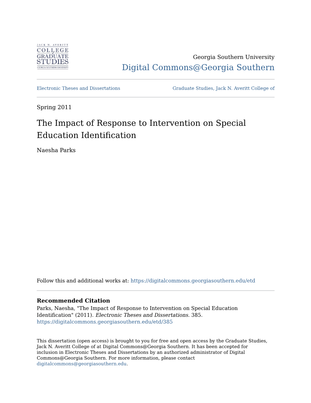 The Impact of Response to Intervention on Special Education Identification