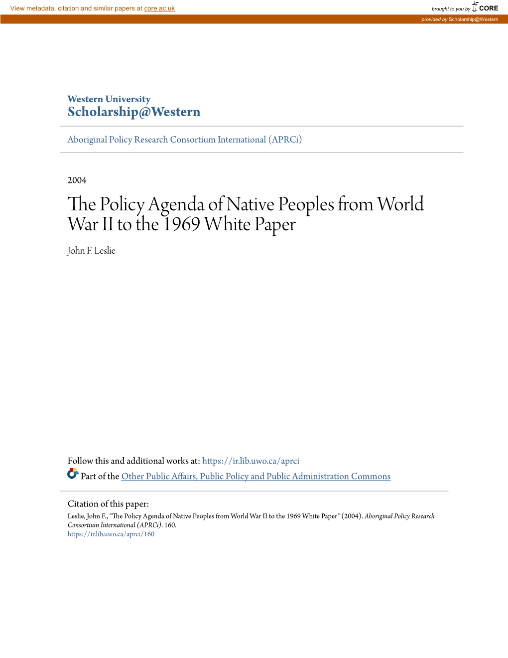 The Policy Agenda of Native Peoples from World War II to the 1969 White Paper